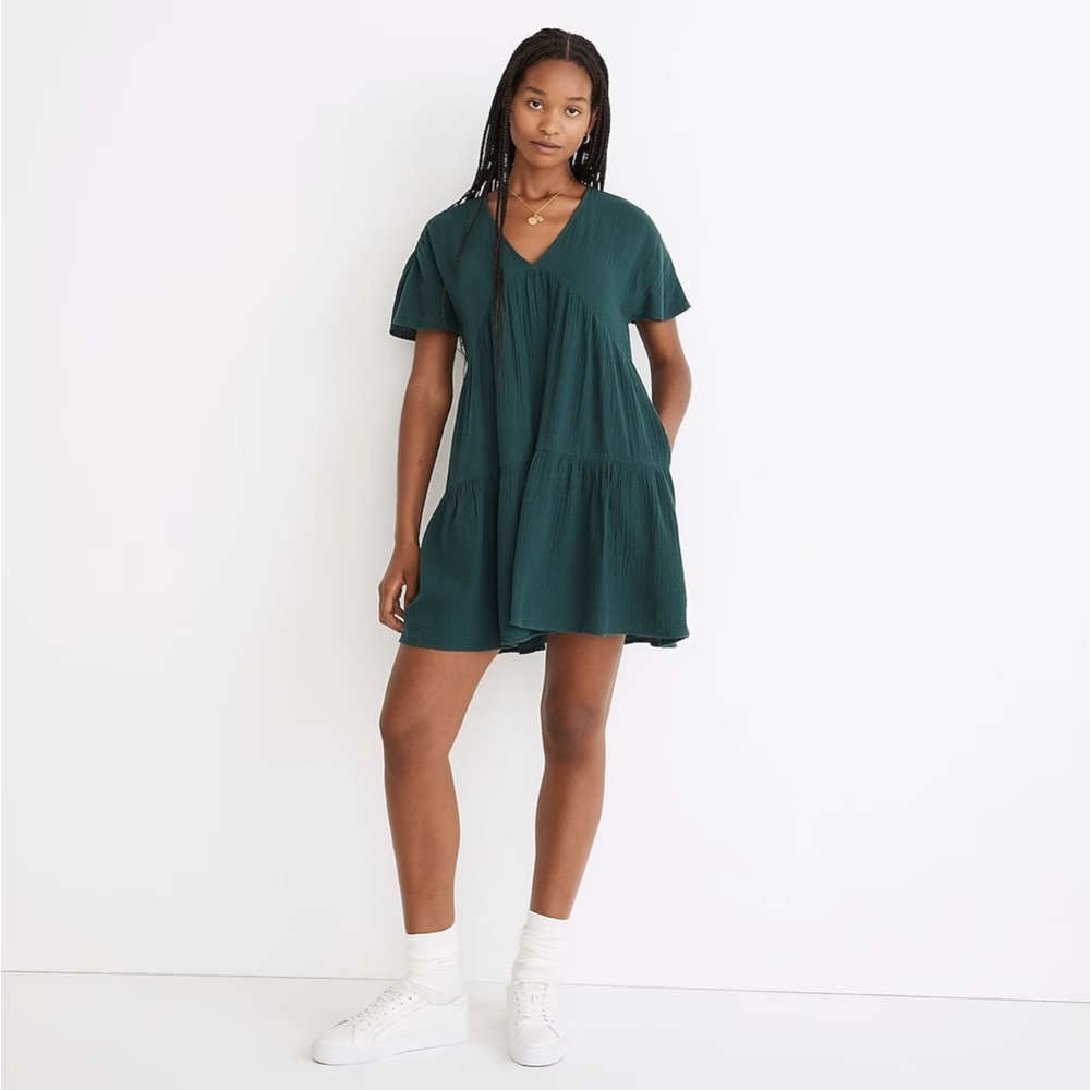 Madewell: Green Lightspun Popover Tiered Mini Dress